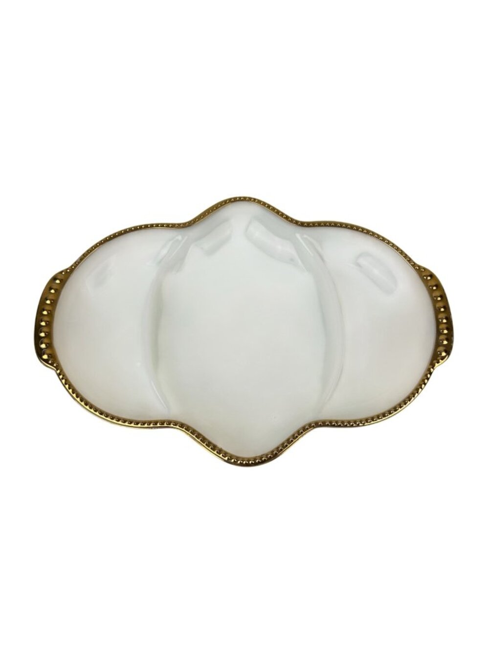 Anchor Hocking Fire King 3 Compartment Trinket Vanity Tray Milk Glass Gold VTG